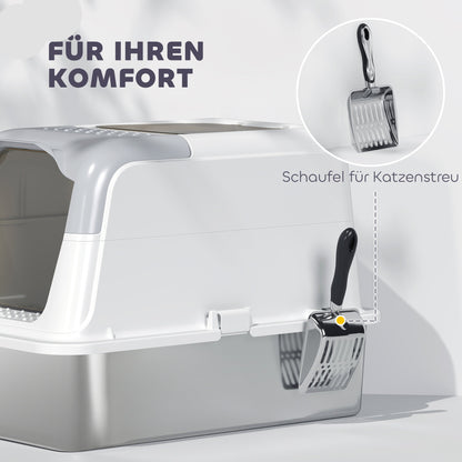 Kattenbak – Kattenbak Met Deksel – Kattenbak Met Schepje – Overdekte Kattenbak – RVS Kattenbak – Wit – Dubbele Toegang – Roestvrij Staal