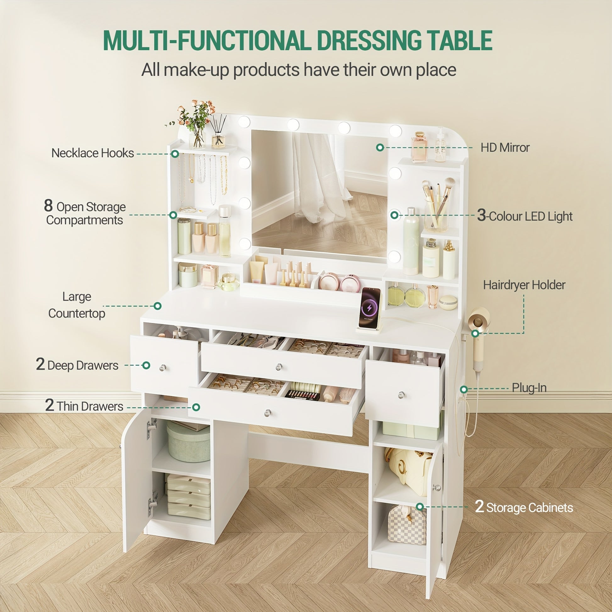 Jewelry Cabinet, Dressing Table With LED Lighting, With Plug And Hairdryer Holder, Large Tabletop 108 Cm, Dressing Table With 2 Large Drawers With Jewelry Tray, 2 Cabinets, 40 X 108 X 144 Cm, White, Jewelry Armoires - QUORE