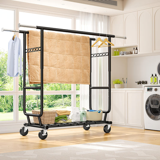 Heavy Duty Kledingrek – Kledingstandaard – Garderoberek – Kledinghanger – Kledingstalling – Verstelbare Dubbele Stangen – 295 kg Draagvermogen – 4 Wielen met Remmen – Zwart