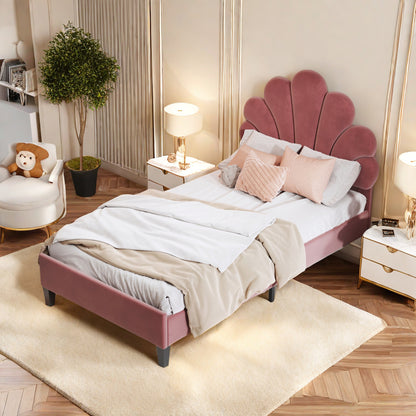 Bedframe – Bed – Gestoffeerd Bed – Houten Bed – Slaapbank – 90x200 cm – Fluwelen Bloemvormig Hoofdbord – Comfortabel & Warm – Beige