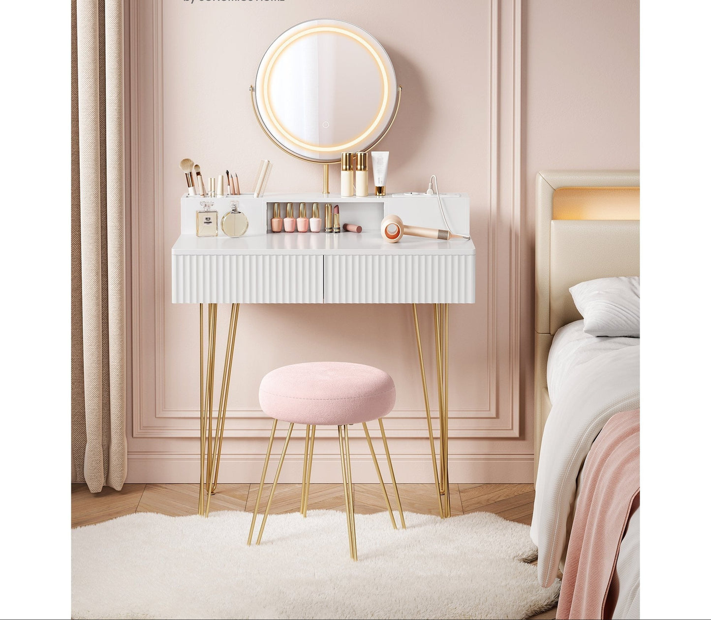Make-uptafel – Kaptafel – Make-up Bureau – Schoonheidstafel – Cosmetische Tafel – Mat Off-white Goud – Verlichte Spiegel – Comfortabele Kruk