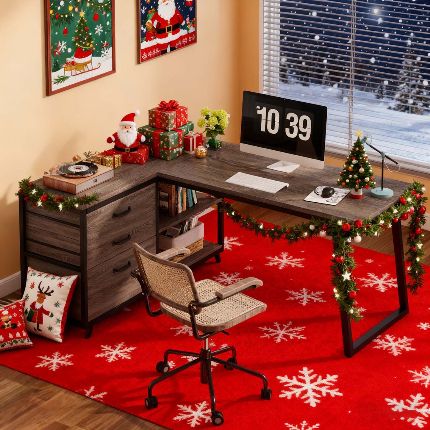 L-Shaped Corner Desk Suitable for Home Office - Reversible Computer Desk with 3-Drawer Storage & 2-Tier Shelves, Space-Saving Wide Workstation Table, Assembly, Engineered Wood