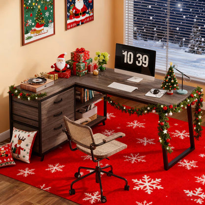 L-Shaped Corner Desk Suitable for Home Office - Reversible Computer Desk with 3-Drawer Storage & 2-Tier Shelves, Space-Saving Wide Workstation Table, Assembly, Engineered Wood