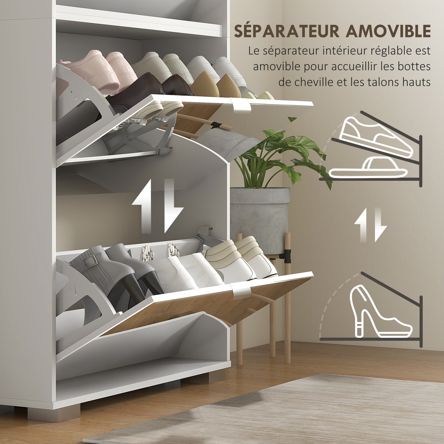 Schoenenkast – Schoenenrek – Schoenenopberger – Hal meubel – 2-in-1 met smalle spiegel – 4 draaideuren met verstelbare planken – Compact 76x26x168 cm – Wit