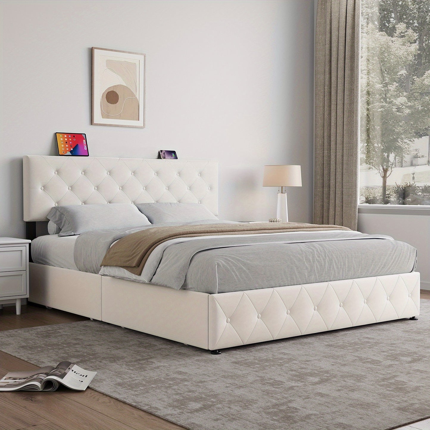 Bedkast – Bedframe – Nachtkastje – Opbergkast – Slaapkamerkast – 140x200 cm – Fluwelen Getuft Hoofdbord – 4 Opberglades