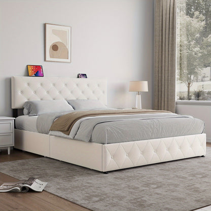 Bedframe – Bed – Tweepersoonsbed – Platformbed – Opbergbed – Met 4 Opbergladen – Gestoffeerd Hoofdbord – 160x200 cm – Beige Fluweel