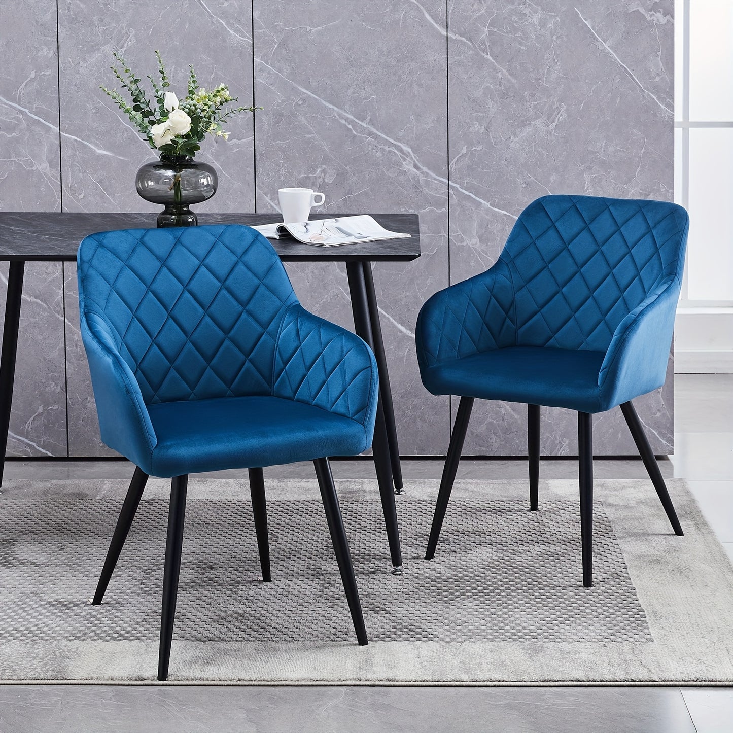 Eetkamerstoel – Keukenstoel – Stoel – Kuipstoel – Fauteuil – Fluweel Bekleding – Aluminium Metalen Poten – Met Armleuningen – Ergonomisch Design - Blauw
