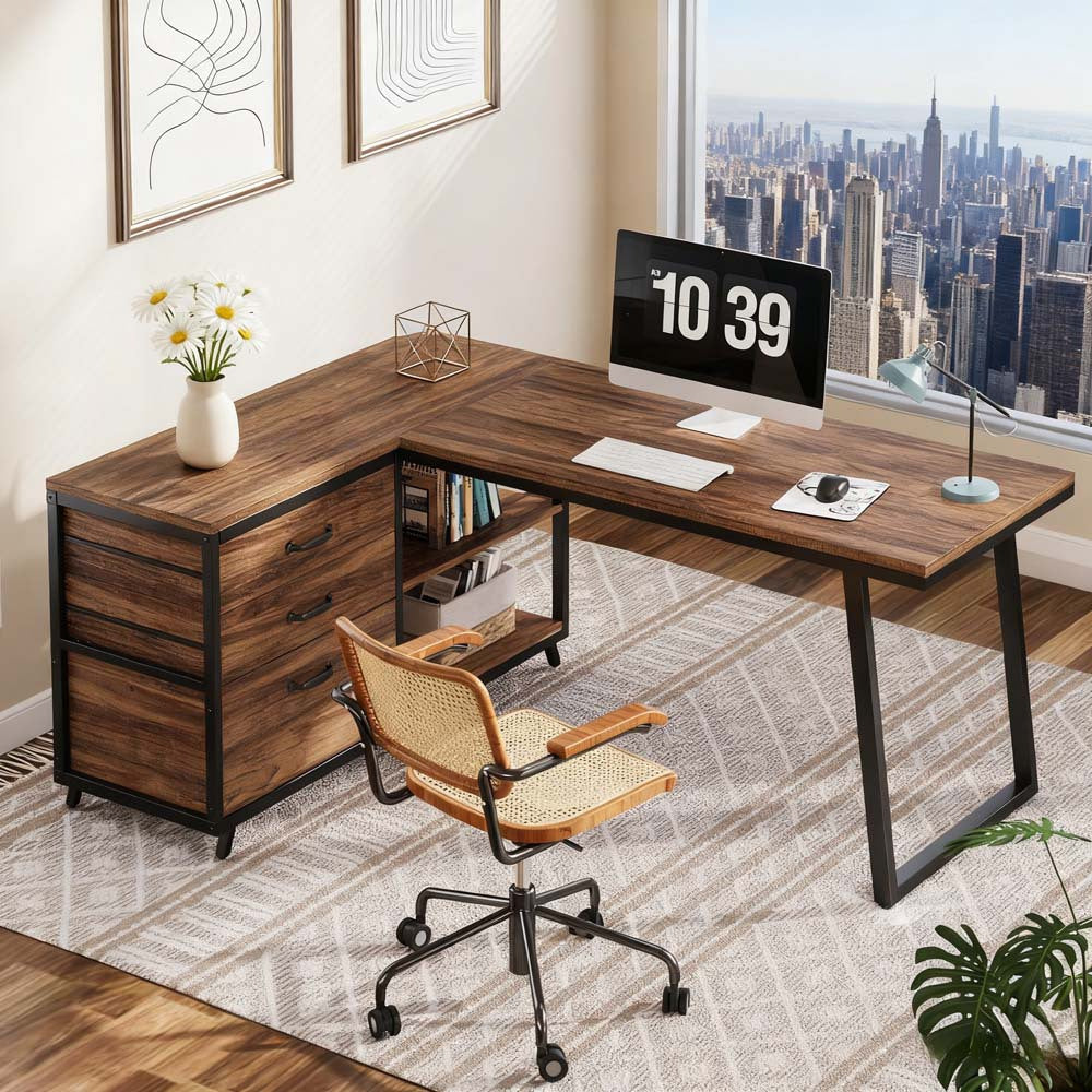 L-vormige bureautafel – hoekbureau – computerbureau – werkplek bureau – studie bureau – Klassieke bruine afwerking – omkeerbaar ontwerp – 3 lades en 2 planken – stevig vezelplaat frame