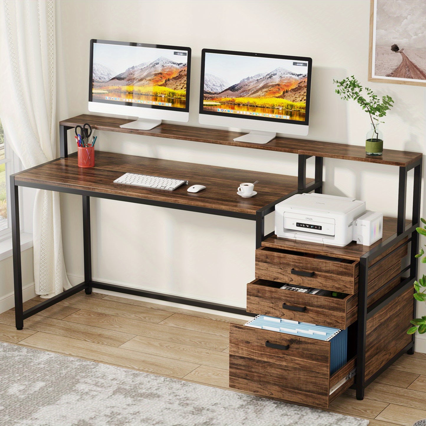Industrieel Bureau – Computerbureau – Werkblad – Thuiswerkplek – Bureaumeubel – Vintage Bruin Zwart – Ergonomische Werkhoogte 68,58 cm – Stevig Metalen Frame & Opbergruimte 3,2 m³