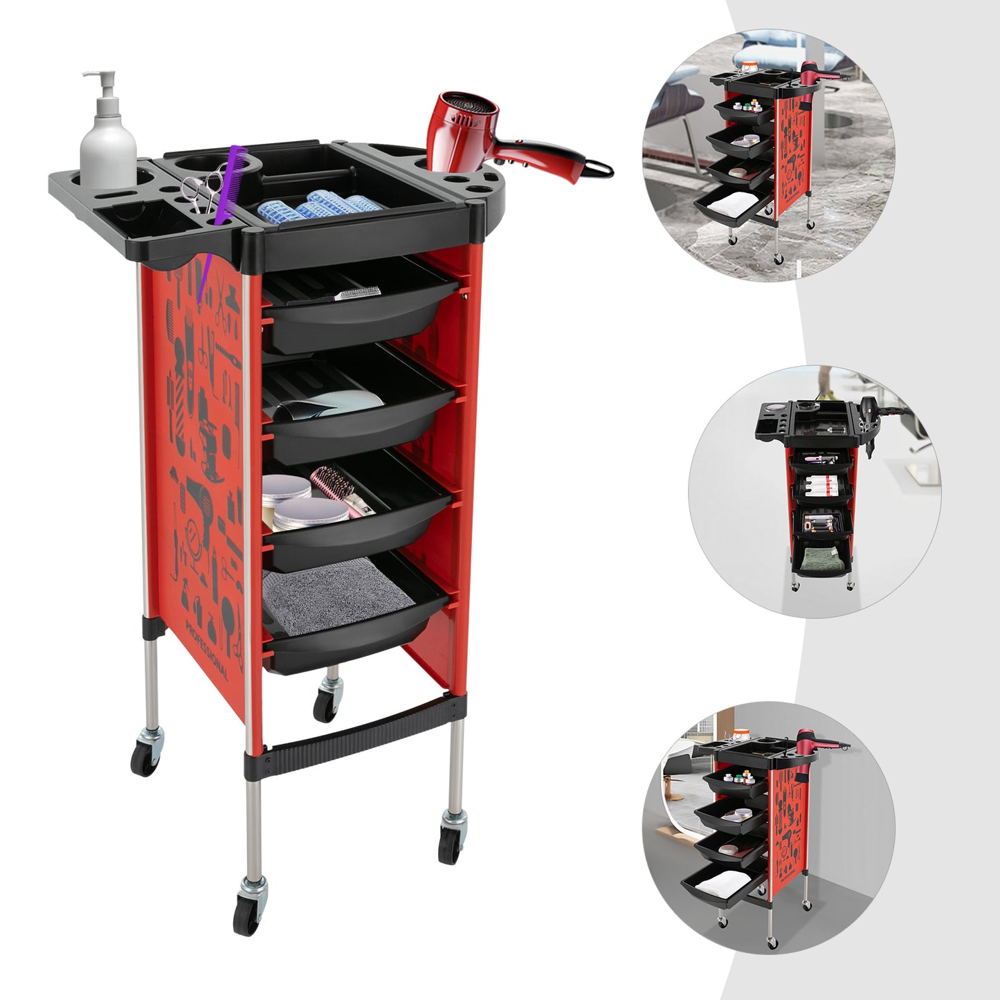 Salonwagen – Kappers Trolley – Werkwagen – Beauty Trolley – Nagelwagen – 5 Lagen Met 4 Laden – Roestvrij Staal & Kunststof – 360° Draaibare Antislip Wieltjes – Zonder Elektriciteit
