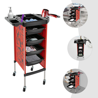 Salonwagen – Kappers Trolley – Werkwagen – Beauty Trolley – Nagelwagen – 5 Lagen Met 4 Laden – Roestvrij Staal & Kunststof – 360° Draaibare Antislip Wieltjes – Zonder Elektriciteit