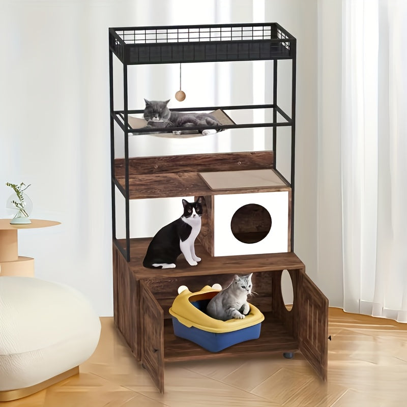 Kattenbakmeubel – Kattenkast – Kattenbakkast – Kattenhuis – Kattenbakkast – Houten Fiberboard – Ruim Ontwerp Met Sisal Hangmat & Speelbal – Omkeerbare Toegang Met Extra Opbergruimte