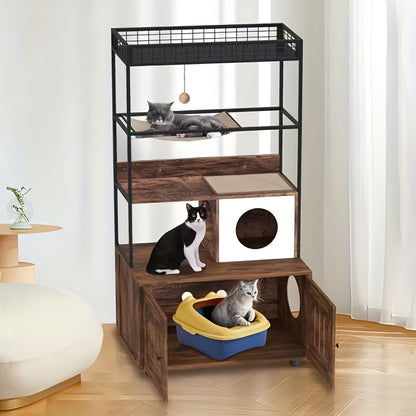 Kattenbakmeubel – Kattenkast – Kattenbakkast – Kattenhuis – Kattenbakkast – Houten Fiberboard – Ruim Ontwerp Met Sisal Hangmat & Speelbal – Omkeerbare Toegang Met Extra Opbergruimte