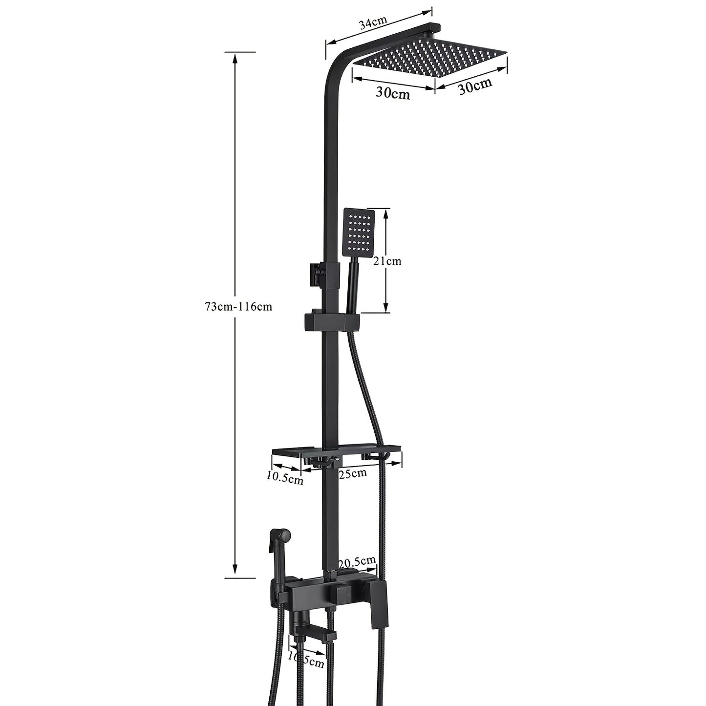 Matzwarte Doucheset – Douchepakket – Regendouche – Handdouche – Badkraan – 30,48 cm Vierkant – Messing – Dual-Function – Wandmontage – Verstelbare Plank – Geen Elektriciteit Nodig