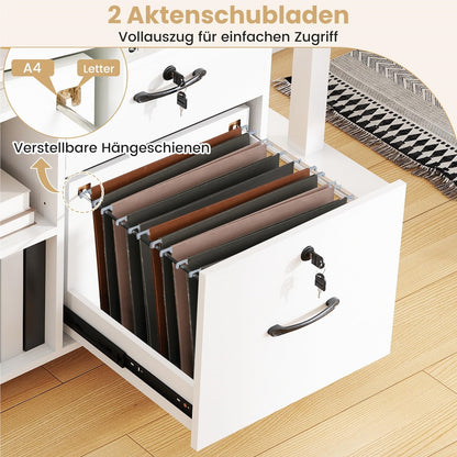 Rollende Ladekast – Mobiele Opbergkast – Archiefkast – Bureaukast – Printerstandaard – 4 Lades Met Slot – Verstelbare Middenplank – Wit – 5 Zwenkwieltjes Met Rem – Stabiel MDF Ontwerp