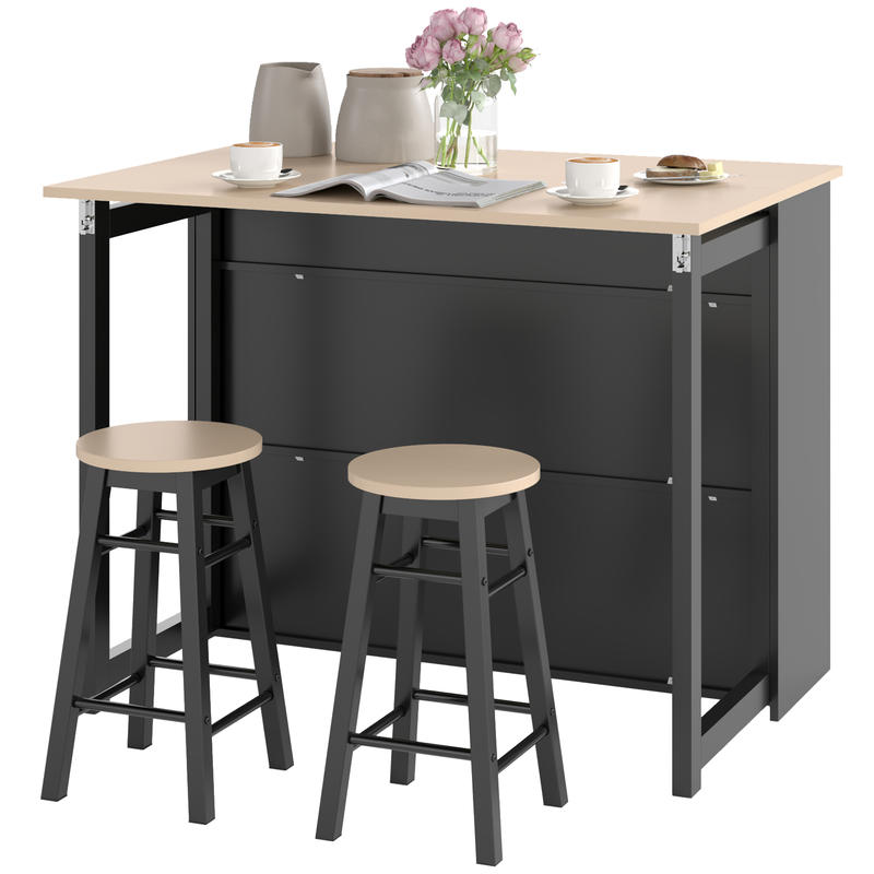 Barset – Barkrukken – Bartafel – Barmeubel – Barhoek – Opklapbaar Tafelblad – 6 Opbergruimtes – Metaal & Eikenhout – Compact & Stijlvol – Zwart/Beige – 116x70x89,5 cm