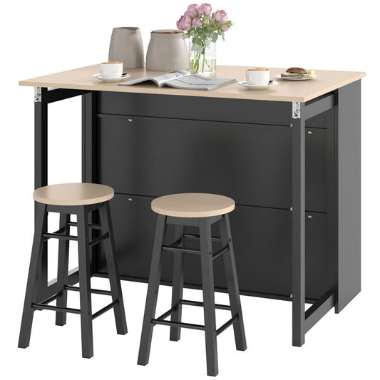 Barset – Barkrukken – Bartafel – Barmeubel – Barhoek – Opklapbaar Tafelblad – 6 Opbergruimtes – Metaal & Eikenhout – Compact & Stijlvol – Zwart/Beige – 116x70x89,5 cm