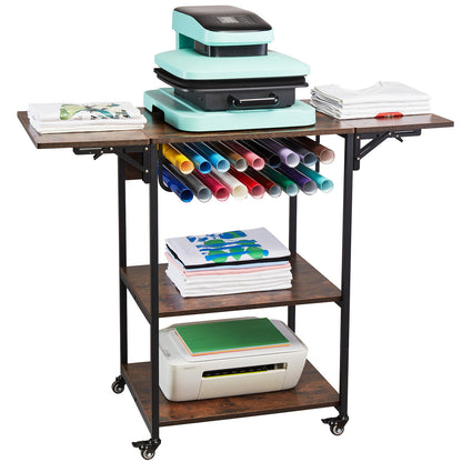 Transferpers Werktafel – Hittepers Tafeltje – Warmte Pers – Heat Press Stand – Opbergbureau – 3-Laags Opbergniveau – Inklapbare Zijpanelen – Stevige Metalen Constructie – Mobiel Met Wieltjes – Bruin