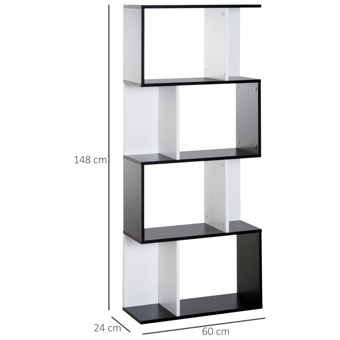 Boekenplank – Boekenrek – Wandplank – Wandkast – Opbergkast – S-vormig Design – 4 Planken – Zwart-Wit – Anti-Kantelapparaat – 60x24x148 cm