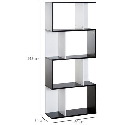 Boekenplank – Boekenrek – Wandplank – Wandkast – Opbergkast – S-vormig Design – 4 Planken – Zwart-Wit – Anti-Kantelapparaat – 60x24x148 cm