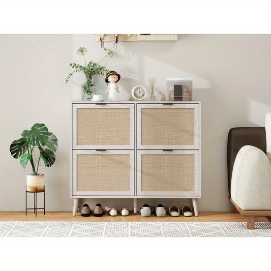 Schoenenkast – Schoenenrek – Schoenenopberger – Schoenenkastje – Schoenenbank – 4-Deurs Witte Rattan-Look – Dubbele Legplanken & Verwijderbare Tussenplank – Vochtbestendige Spandex Deuren – Wandmontage & Ruimtebesparend
