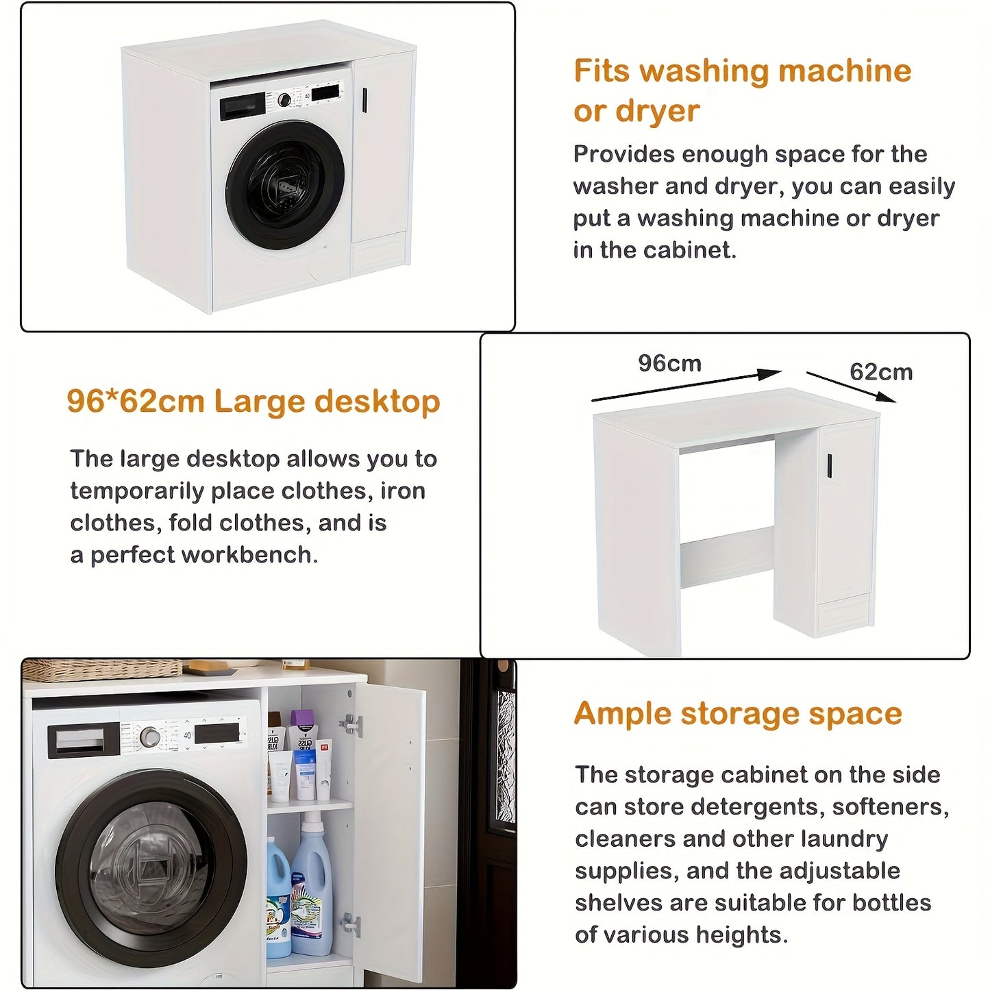 Wasmachinekast – Wasmachine Meubel – Wasmachine Ombouw – Wasmachine Opbergruimte – Wasmachine Rek – Wit – 96x62x90 cm – Stevig Houten Materiaal