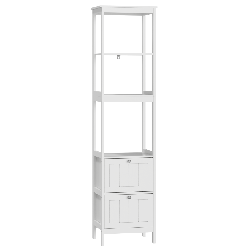 Slank Hoog Kastje – Smalle Opbergkast – Verticale Badkamerkast – Smal Meubel – Waskamer Rek – Wit MDF – 2 Lades & 3 Planken – Ruimtebesparend Ontwerp – Eenvoudige Montage
