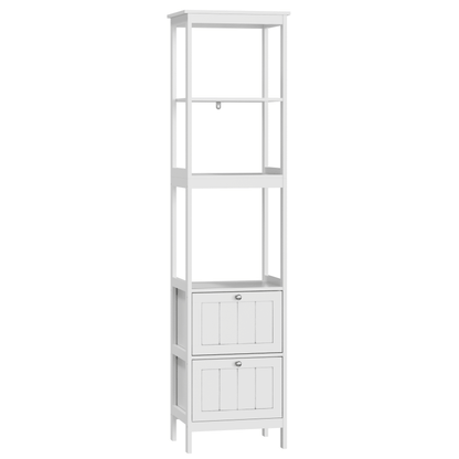 Slank Hoog Kastje – Smalle Opbergkast – Verticale Badkamerkast – Smal Meubel – Waskamer Rek – Wit MDF – 2 Lades & 3 Planken – Ruimtebesparend Ontwerp – Eenvoudige Montage