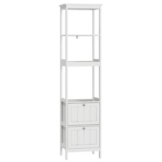 Slank Hoog Kastje – Smalle Opbergkast – Verticale Badkamerkast – Smal Meubel – Waskamer Rek – Wit MDF – 2 Lades & 3 Planken – Ruimtebesparend Ontwerp – Eenvoudige Montage