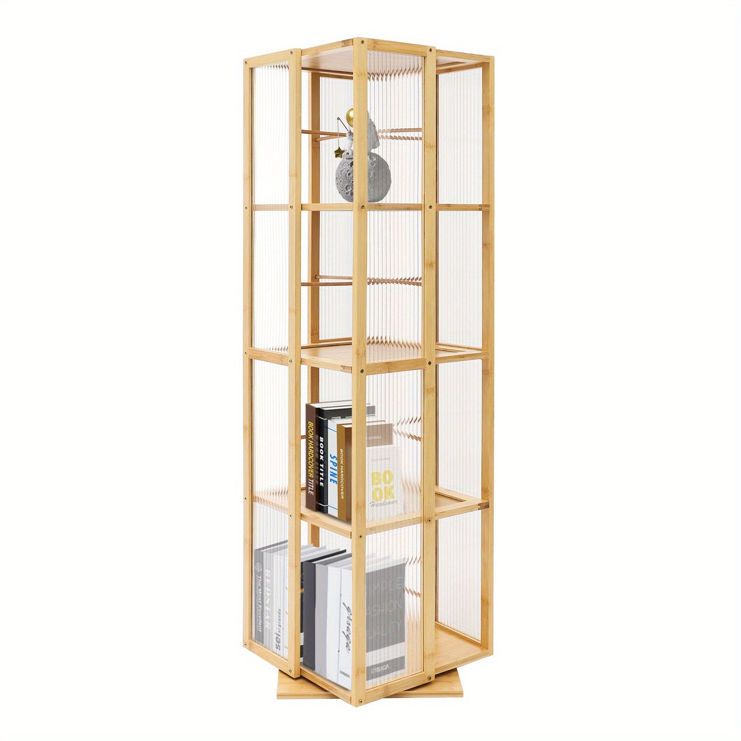 Boekenrek – Boekenplank – Boekenkast – Opbergkast – Draaibaar – 360° Draaibaar Ontwerp – Gerecycled Moso Bamboe & Acryl – Vrijstaand – 124 cm Hoog – Max 10 kg Per Plank