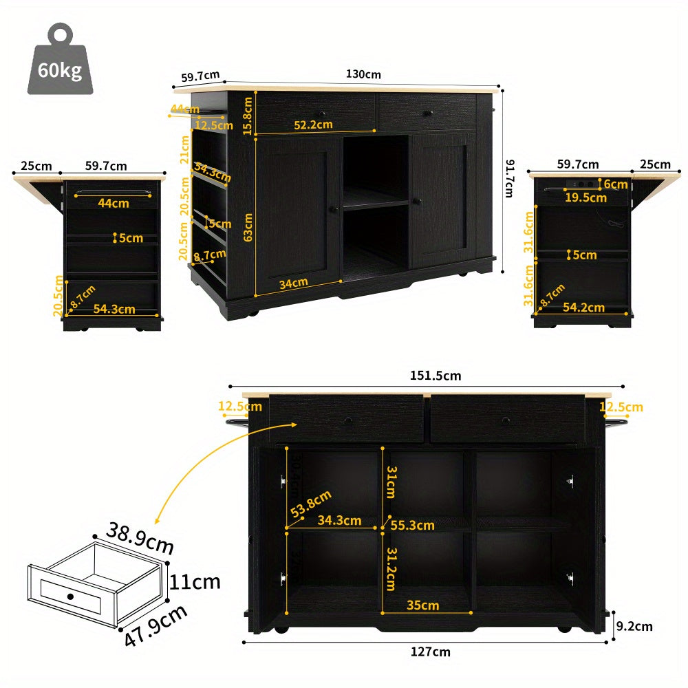 Heavy-Duty Metal Kitchen Island Cart with Worktop - Mobile Kitchen Storage Cabinet, 2 Drawers & 6 Compartments, Space-Saving Rolling Kitchen Organizer with Cabinet, for Small/Large Kitchens, Dining Room, or Home - Easy Assemb
