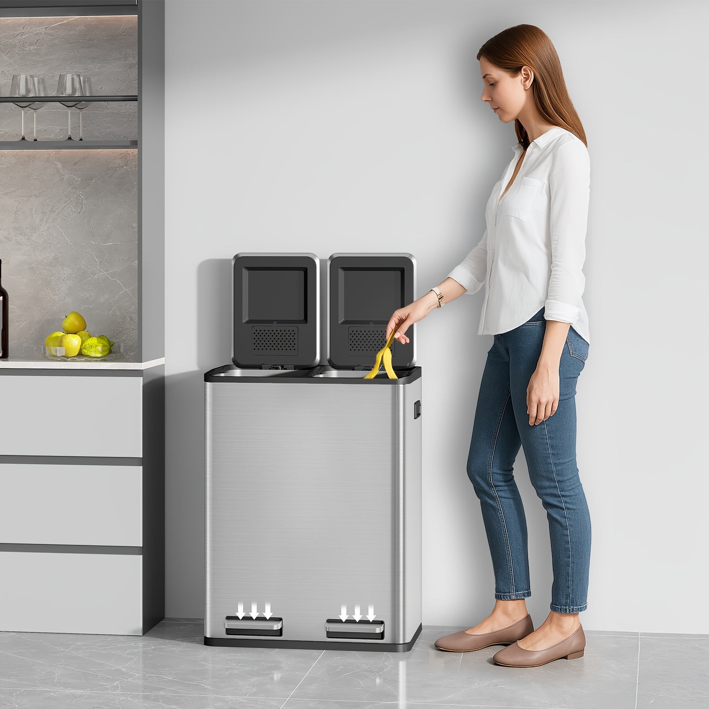 Prullenbak – Afvalbak – Afvalemmer – Pedaalemmer – Vuilnisbak – 2 Compartimenten 60L – Roestvrij Staal – Softclose Deksel