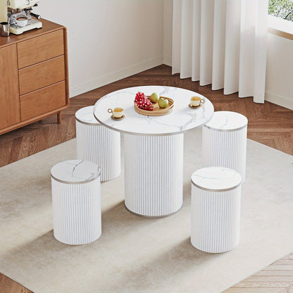 Salontafel – Koffietafel – Bijzettafel – Woonkamertafel – Tafel met Krukjes – Wit Marmer – Modern Rond Design – Compact en Praktisch