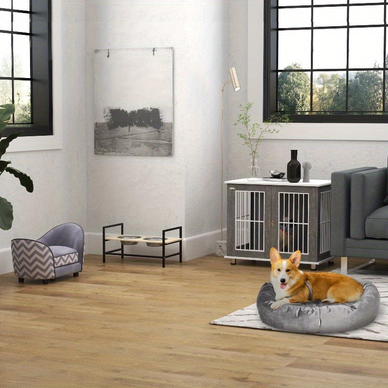Hondenhok – Huisdier Bench – Dierenhokje – Hondenren – Kleine Hondenbench – Ruime Binnenkant – Stevige Siliconen Constructie – Grijs/Wit 83,8x55,9x73,7 cm