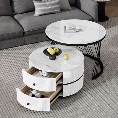 Salontafel Set – Koffietafel Set – Bijzettafel Set – Nestbare Tafels – Ronde Salontafels – Hoogglans Marmerlook – 2 Drawers – 60x60 & 50x50 cm - Wit