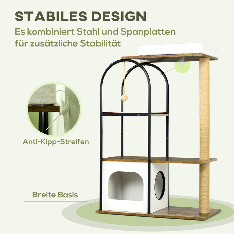 4-in-1 Modern Tree Tower with Sisal Scratching Post, Multi-Level Platforms, Play Ball Run, Spring-Loaded Activity Center, Sturdy Oak Construction & White/Black Design - 80x40x118.5cm Tall Climbing Frame with Hanging Bed, Spac