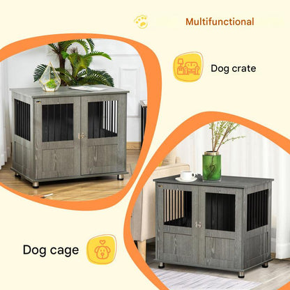 Hondenbench – Hondenhok – Hondenkooi – Hondenhuis – Kennel – Extra Ruim – Hout & Metaal – Dubbele Deuren Met Magneetsluiting – Modern Grijs – Voor Middelgrote en Grote Honden