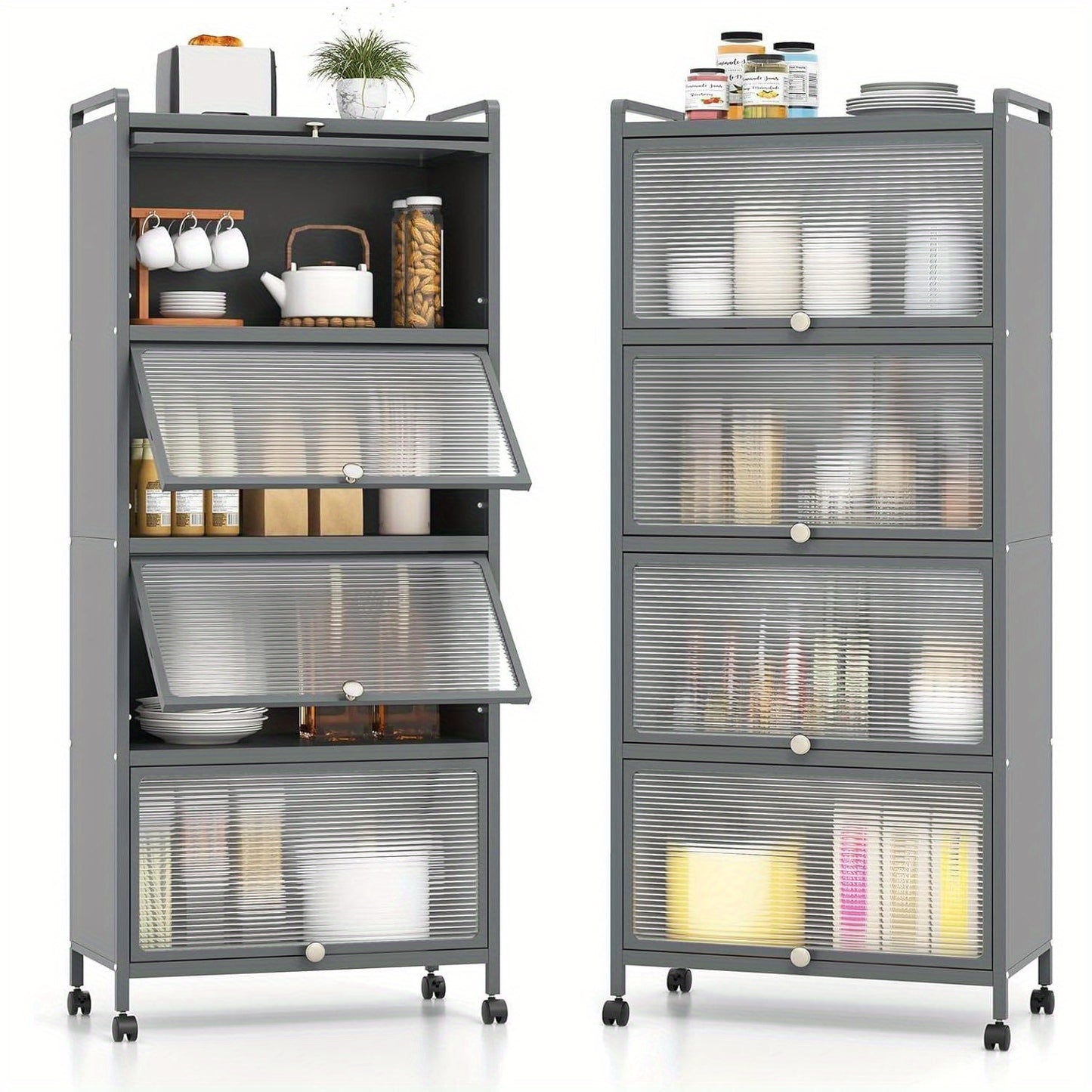 Keukentrolley – Opbergkast – Serveerwagen – Keukenkast – Trolley – 5 Lagen – 360° Zwenkwieltjes – Anti-Kantel Kits – Wit – Met Kunststof Deuren