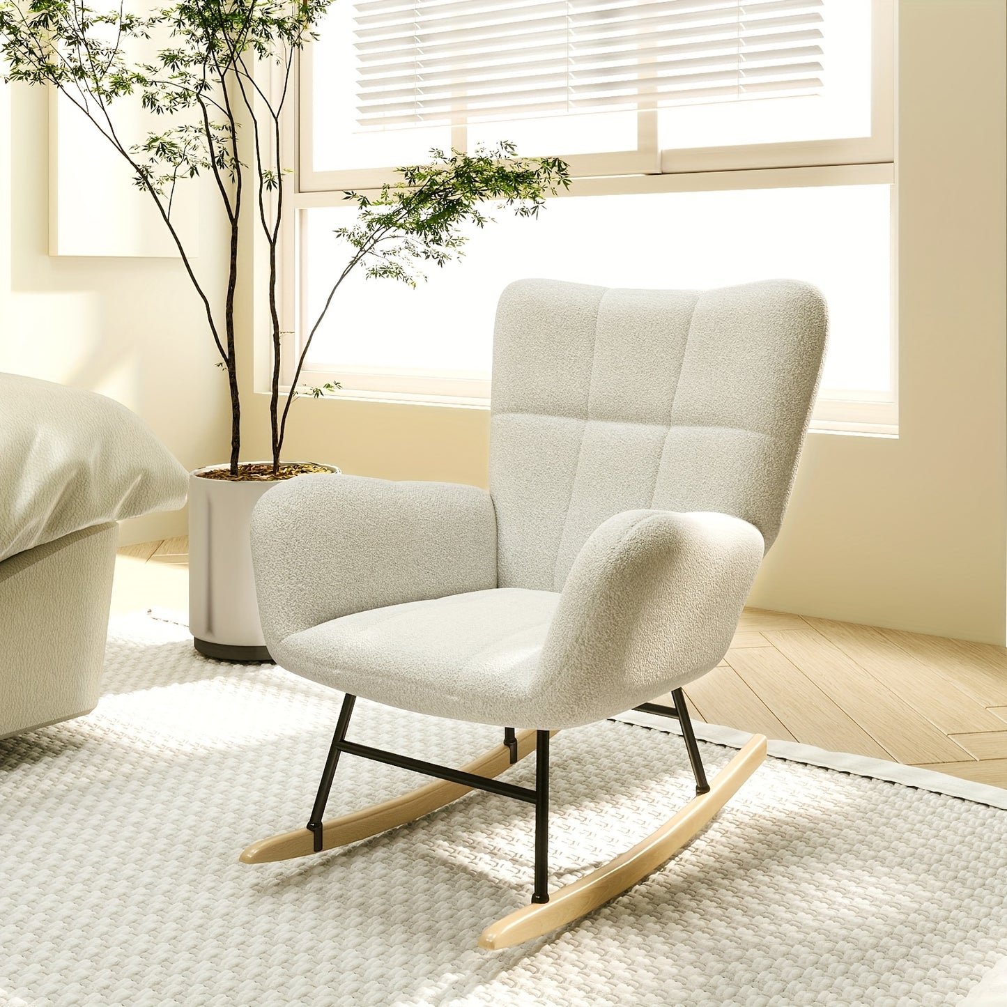 Schommelstoel Volwassenen – Relaxstoel – Hangstoel – Stoel Met Schommelfunctie – Schaukelstuhl – Hoge Rugleuning – Geheugenschuim Kussen – Teddy Fleece Bekleding – Houten Poten – Handmatig Schommelen