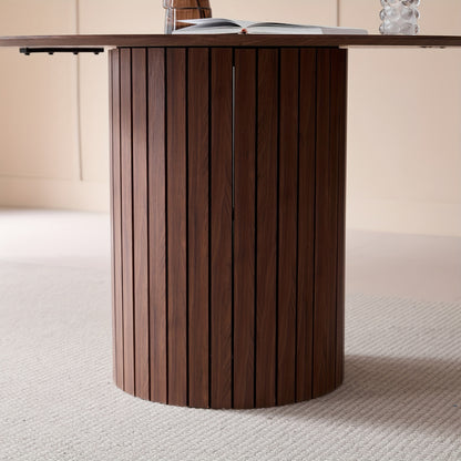 EGoonm 120cm Round Dining Table for 4-6 People - Modern Farmhouse Wood & Metal Kitchen Table with Slatted Pedestal Base, Heavy-Duty MDF/MDF Top, Brown Wood Grain, Adjustable Leveling Feet & Scratch, Easy Assembly (48