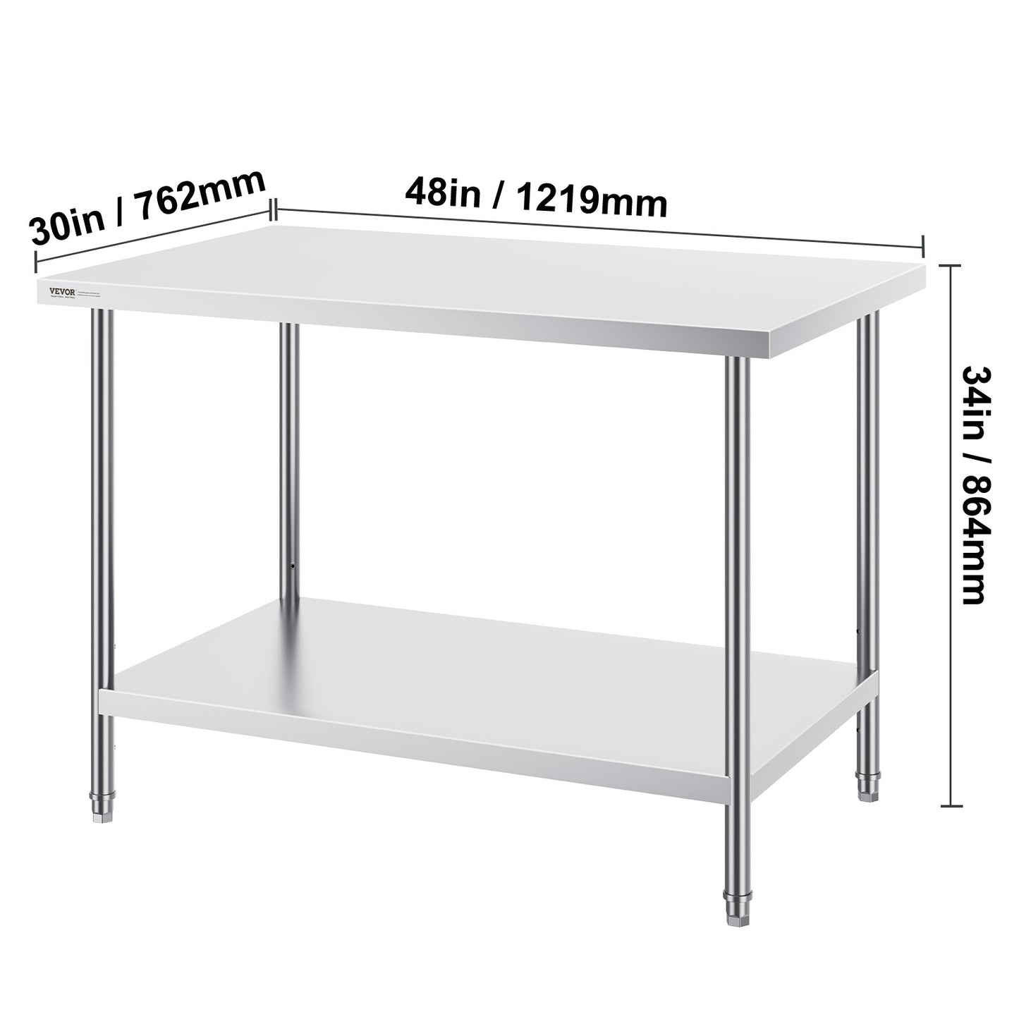 RVS Werktafel – Roestvrijstalen Werkbank – Keukentafel – Werkbank Met Planken – Met Verstelbare Legplaat – 122x86x76 cm – 0,8 mm Dikte – 3-niveau Verstelbaar