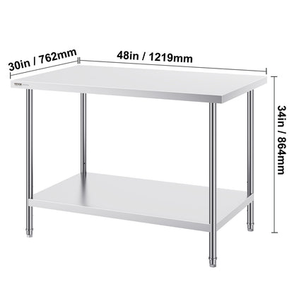 RVS Werktafel – Roestvrijstalen Werkbank – Keukentafel – Werkbank Met Planken – Met Verstelbare Legplaat – 122x86x76 cm – 0,8 mm Dikte – 3-niveau Verstelbaar
