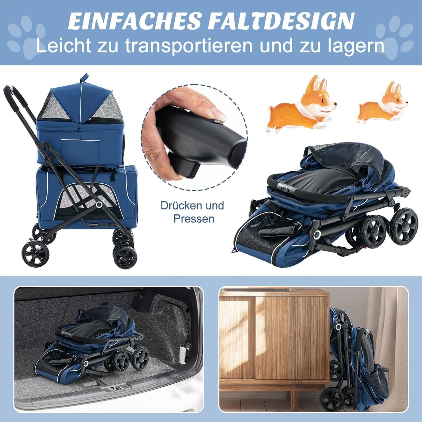Hondenbuggy – Huisdierenwagen – Wandelwagen – Dierenbuggy – Transportbox – 3-in-1 Opvouwbaar – Oxford Stof & Metaal – Tot 16 kg – Ventilatie Gaasvensters & Opbergvakken – Blauw