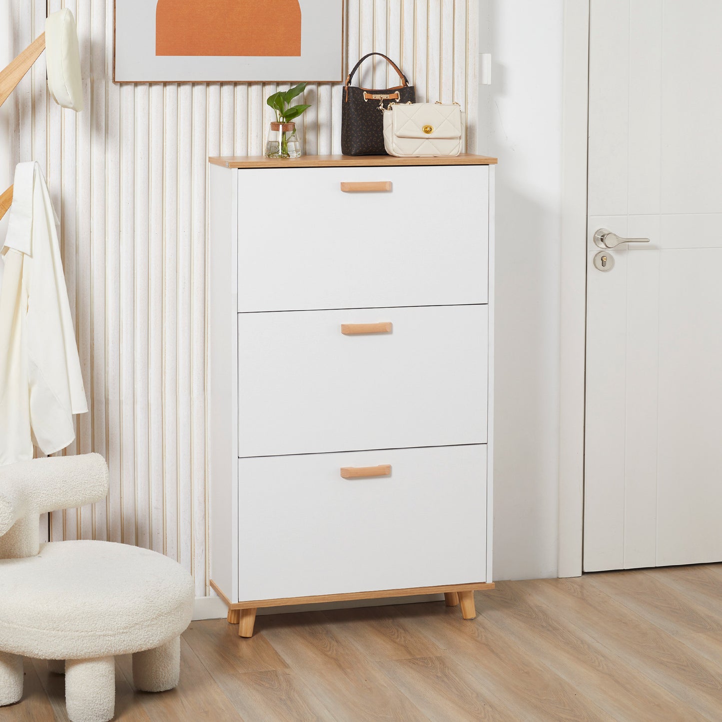 Schoenenkast – Schoenopberger – Schoenenrek – Schoenenkastje – Wit – Scandinavisch Design – 3 Kleppen Met Verstelbare Vakindeling – Compact 70x23,5x122 cm