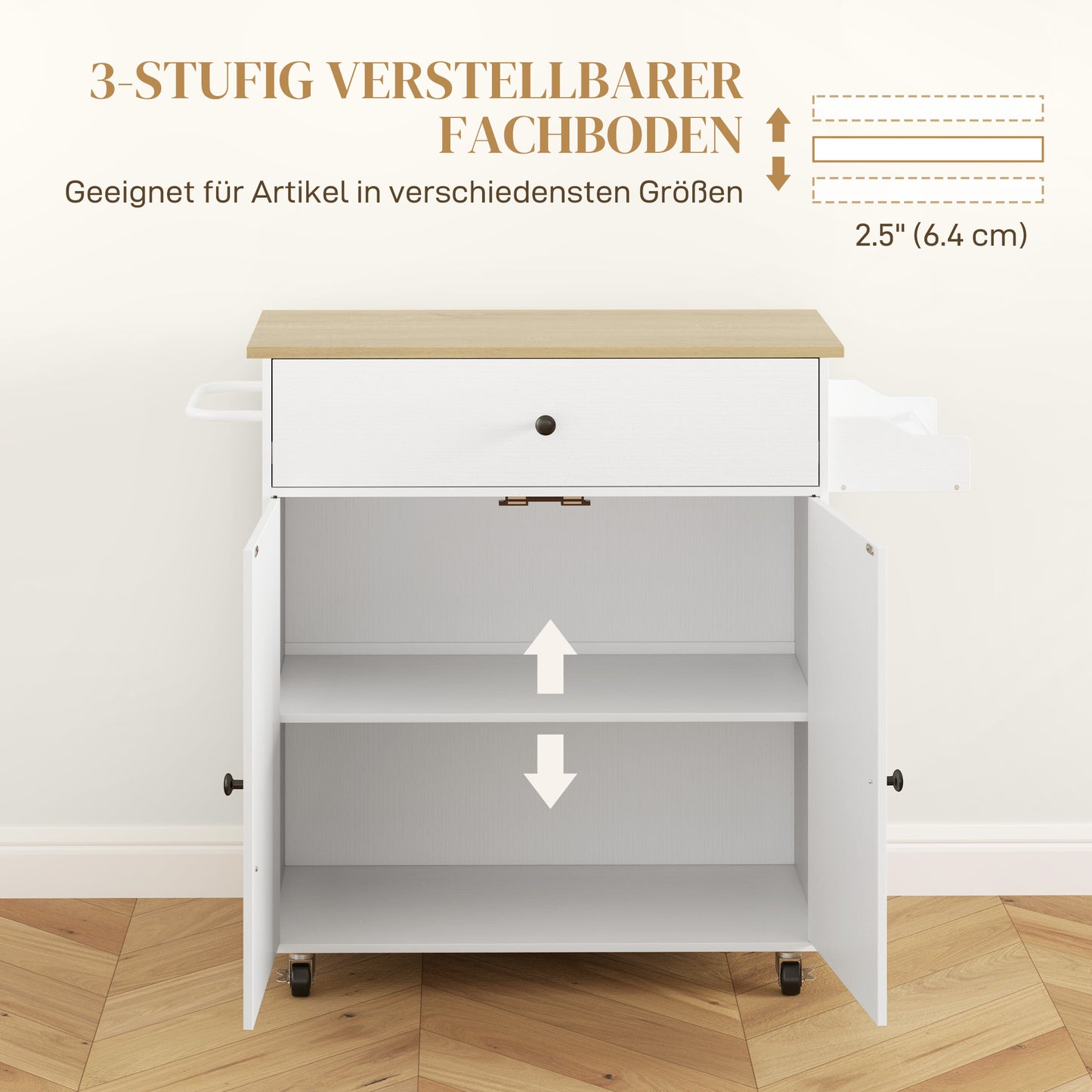 Keukentrolley – Keukenwagen – Serveerwagen – Werktafel – Opbergtrolley – Inklapbaar Werkblad – Verstelbare Plank – Wit