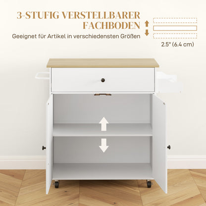 Keukentrolley – Keukenwagen – Serveerwagen – Werktafel – Opbergtrolley – Inklapbaar Werkblad – Verstelbare Plank – Wit