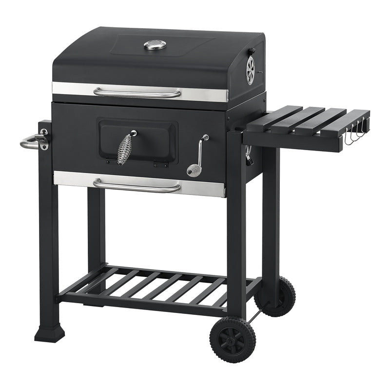 Grillwagen – Barbecuewagen – Houtskoolgrill – Tuingrill – BBQ Trolley – Ruime Grilloppervlakte 105x114x47,5 cm – Ingebouwde Thermometer & Traploze Houtskoolhoogteverstelling