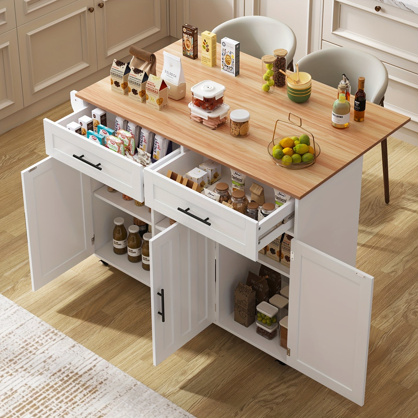 White Modern Mobile Kitchen Island with Folding Table Top, Built-In Shelves & Storage Cabinet, 2 Drawers - Heavy-Duty Metal Frame, Space-Saving Rolling Cart with Breakfast Bar, 129x46x91.5cm, No Electrical Required for Dining