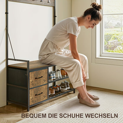 Kapstok – Staande Kapstok – Garderoberek – Kapstok Met Schoenenrek – Kapstok Met Bank – Industrieel Design – Zware Metalen Constructie – 10 Haken & 2 Stoffen Lades