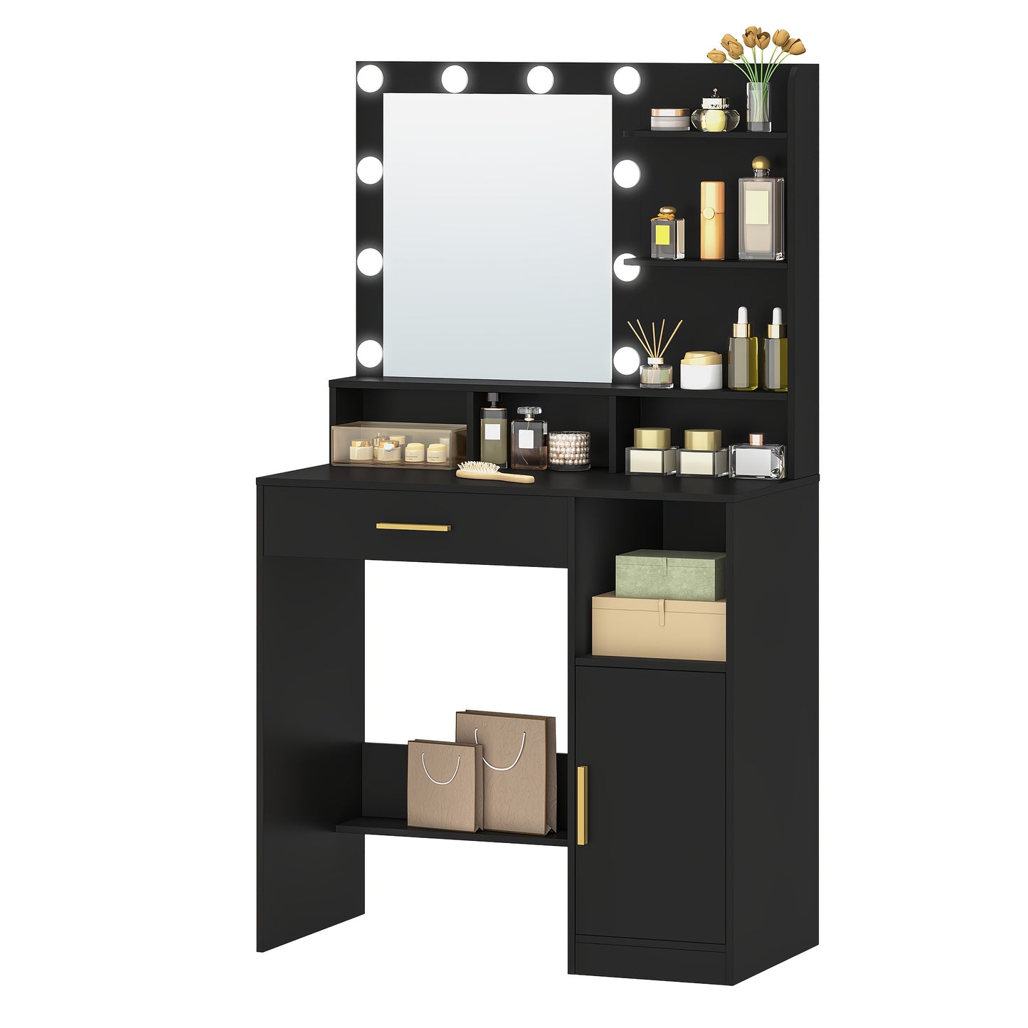 Dressing Table With Mirror, Dressing Table With LED Mirror, Dressing Makeup Table With 3 Shelves And 4 Open Compartments, With Large Drawer And Wardrobe